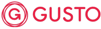 A red and white logo for guss