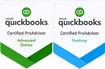 Two green and white banners with the words " quickbooks certified proadvisor advanced online desktop."